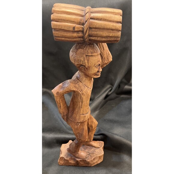 S. Valescot Signed Vintage Carved Wooden Sculpture of a Man Carrying Wood Hati - Picture 2 of 10